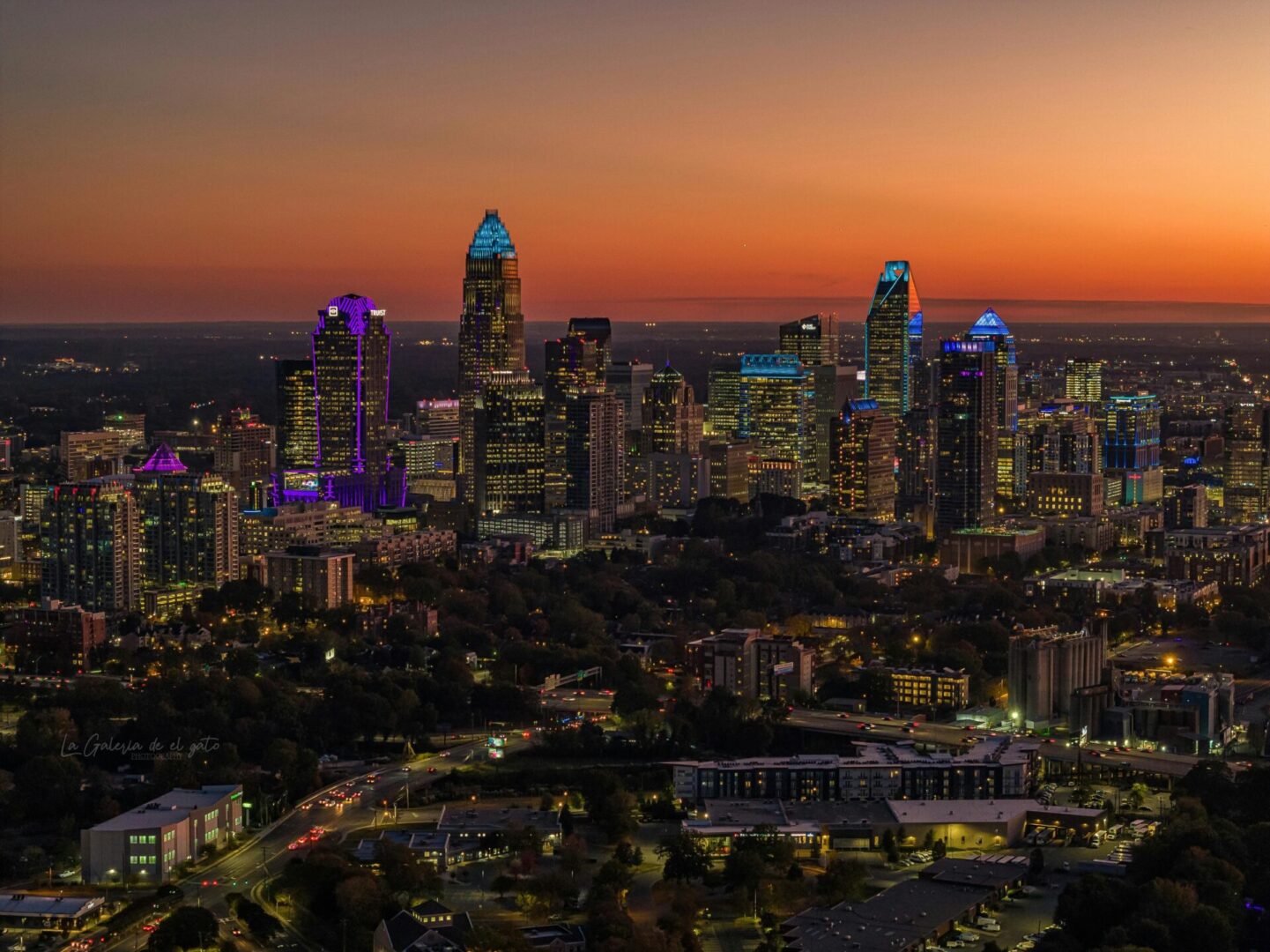 A view of the city skyline at night.